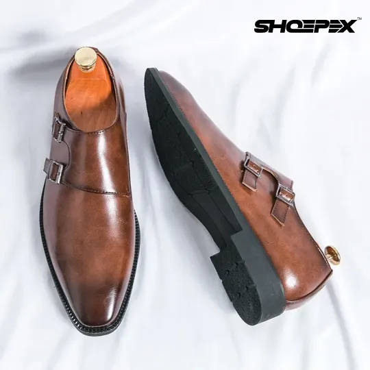 Shoepex Men’s Double Monk Strap Formal & Casual Brown Shoes – Genuine Leather Upper, Rubber Sole